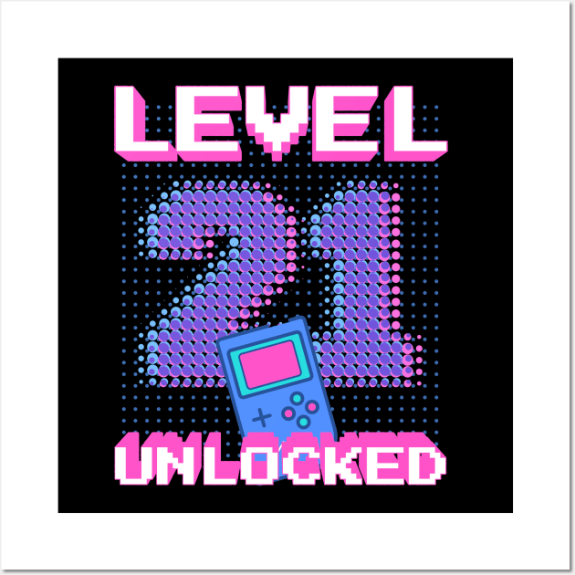 Retro Level 21 Unlocked Shirt 21st Video Gamer Birthday Gift Wall Art by BitcoinSweatshirts